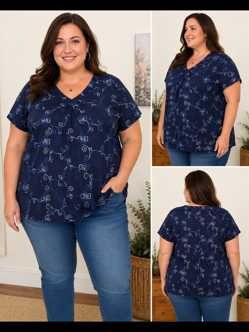 Liz & Me 3X Embroidered Floral Cotton Blouse Navy Blue Short Sleeve Plus Size